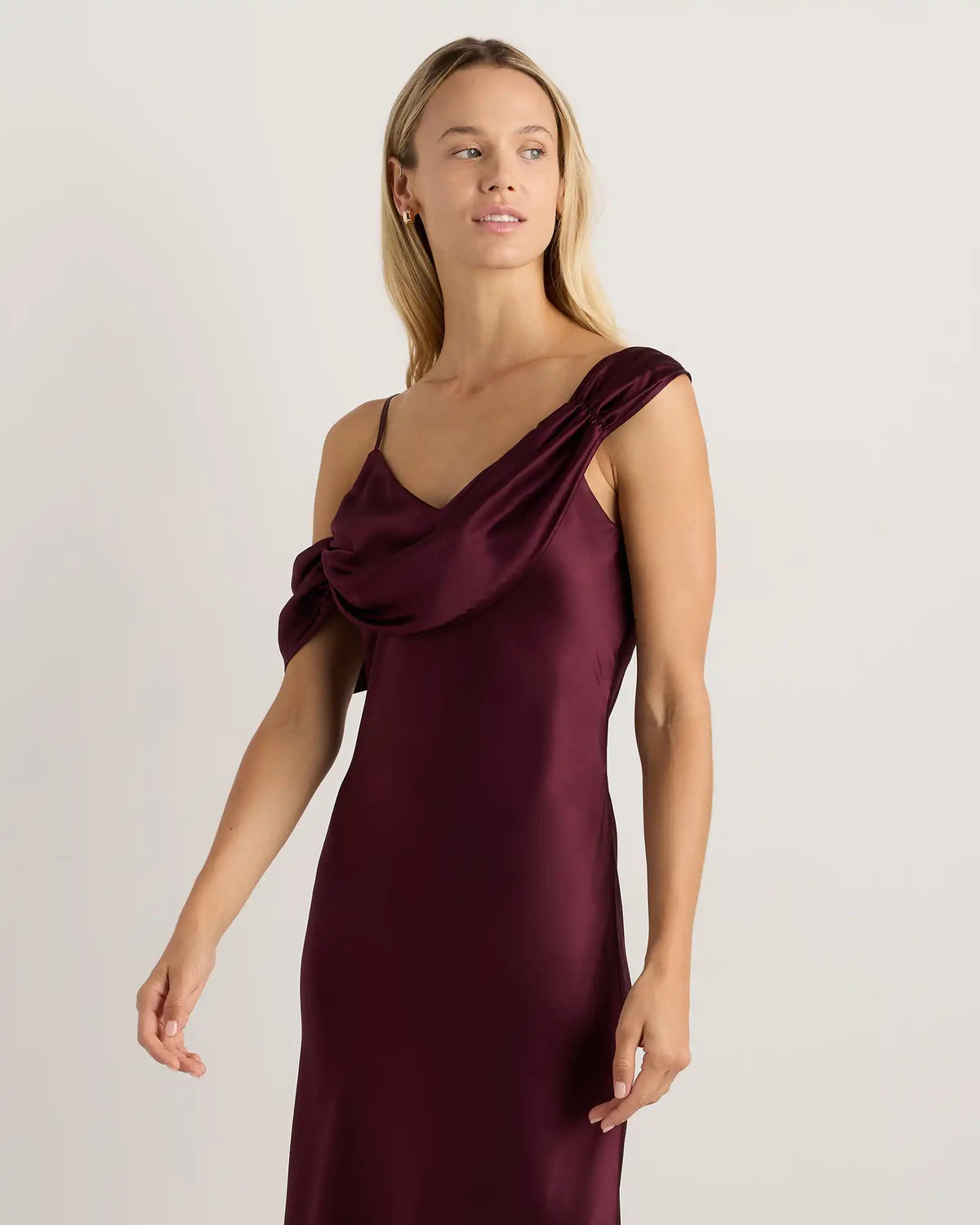 100% Washable Silk Draped Shoulder Maxi Dress
