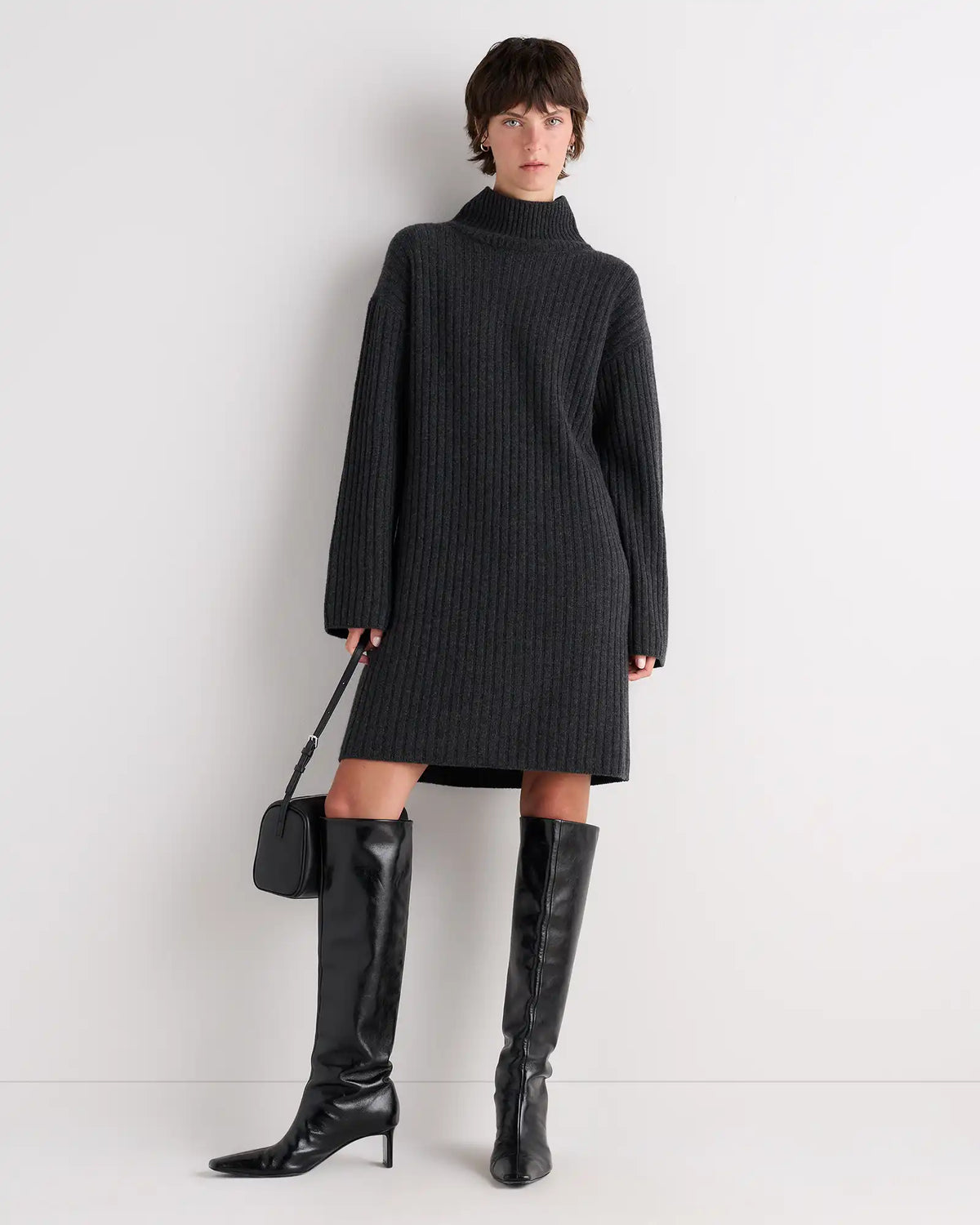 Mongolian Cashmere Ribbed Turtleneck Mini Dress