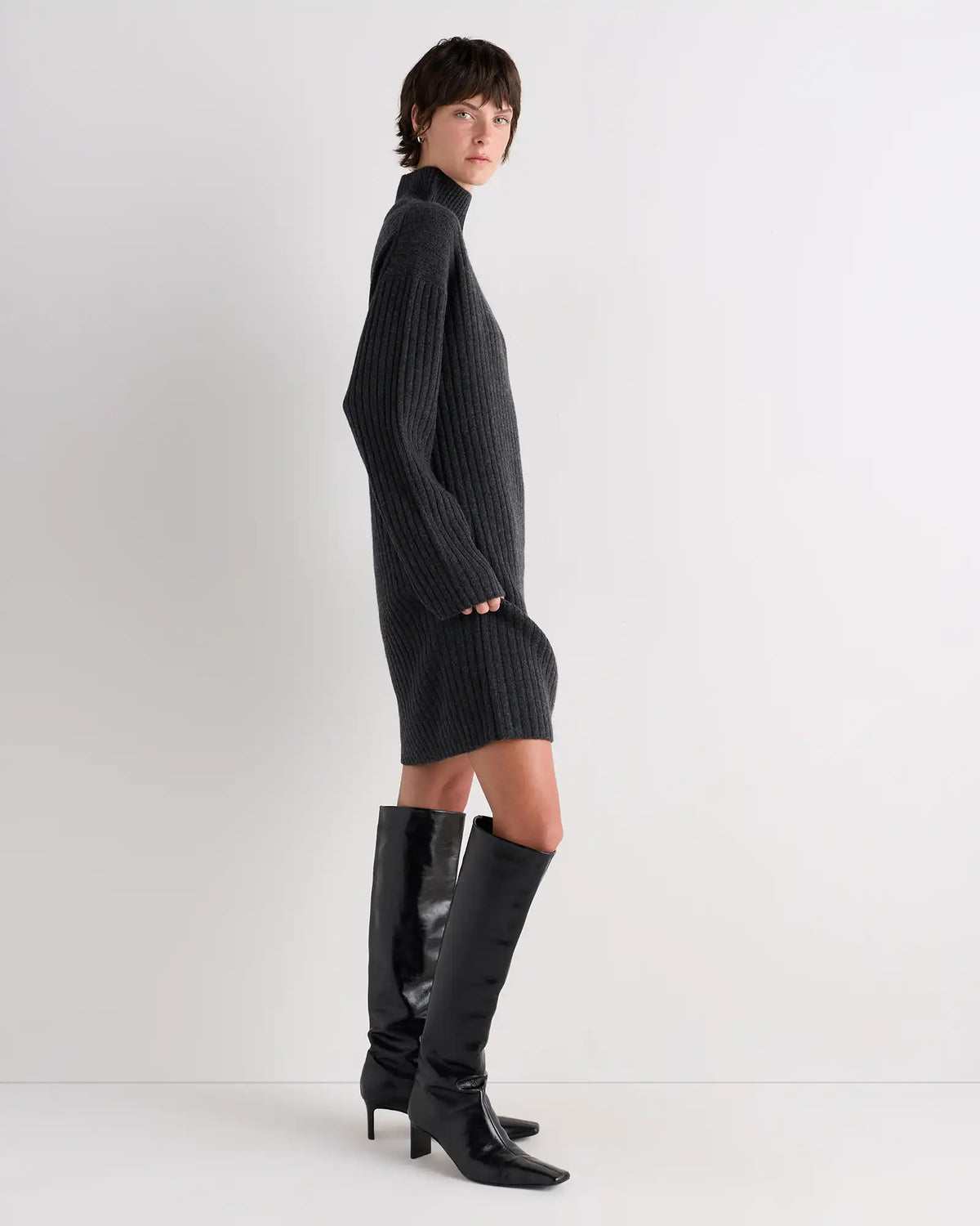 Mongolian Cashmere Ribbed Turtleneck Mini Dress