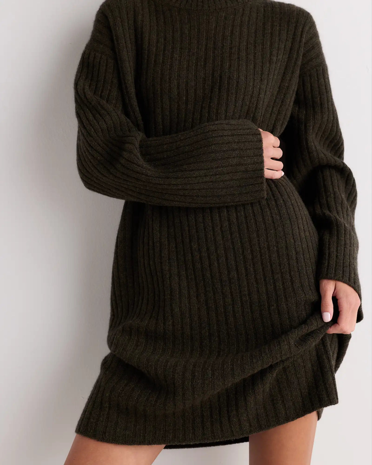 Mongolian Cashmere Ribbed Turtleneck Mini Dress