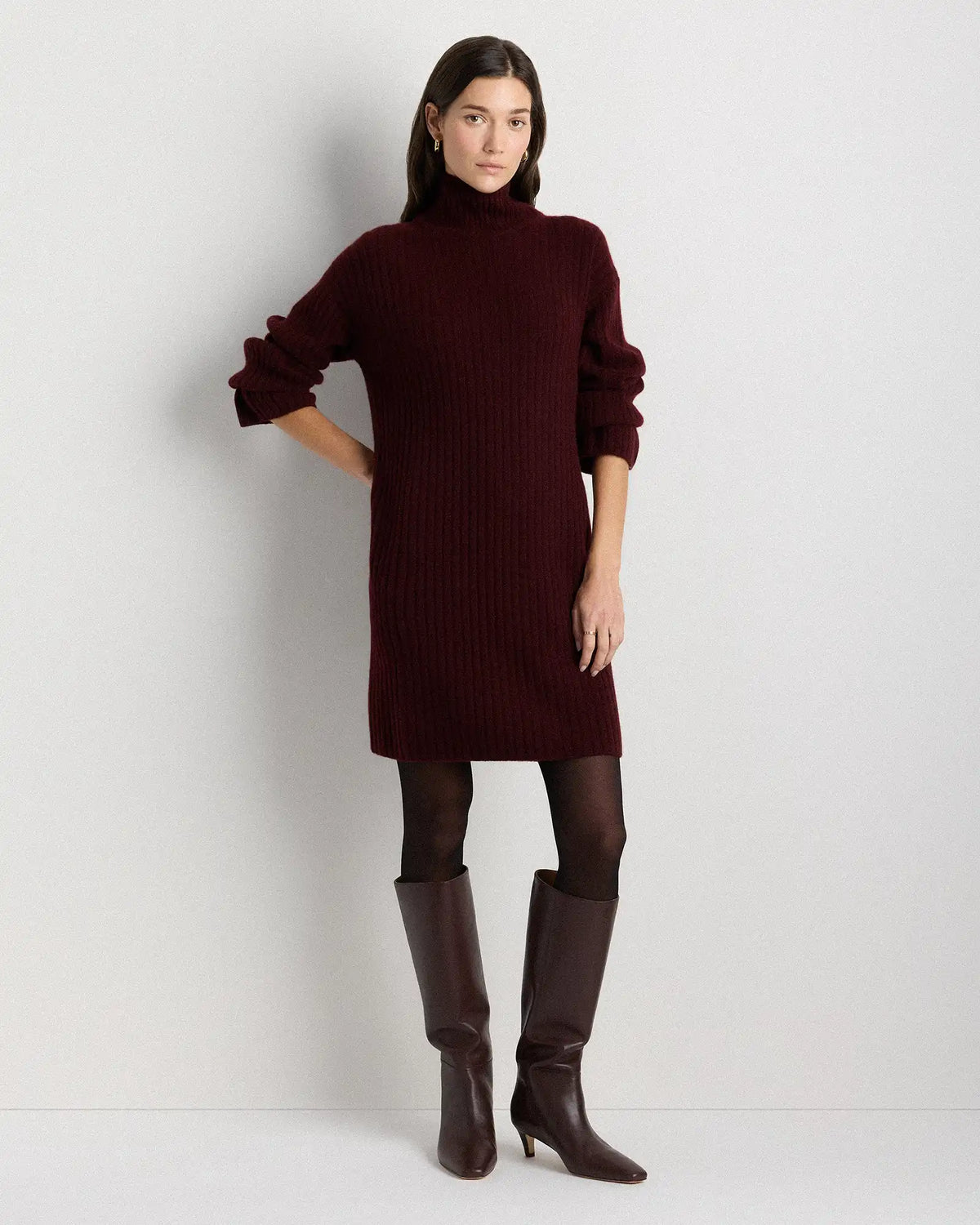 Mongolian Cashmere Ribbed Turtleneck Mini Dress