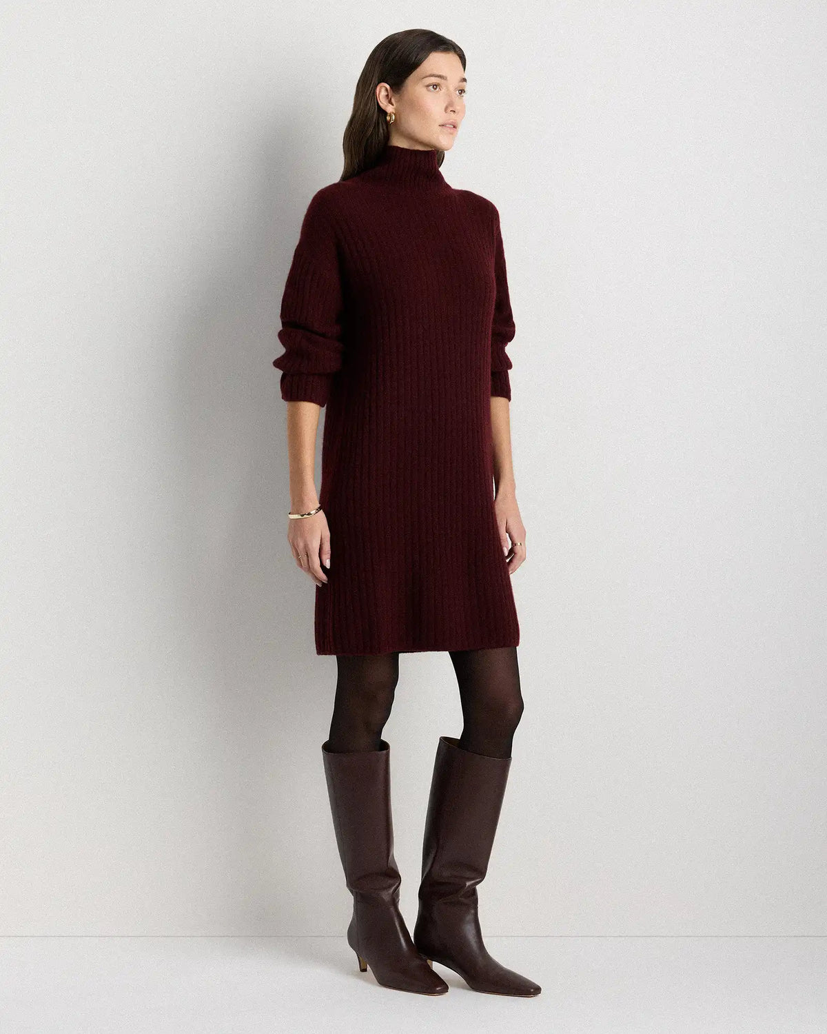 Mongolian Cashmere Ribbed Turtleneck Mini Dress