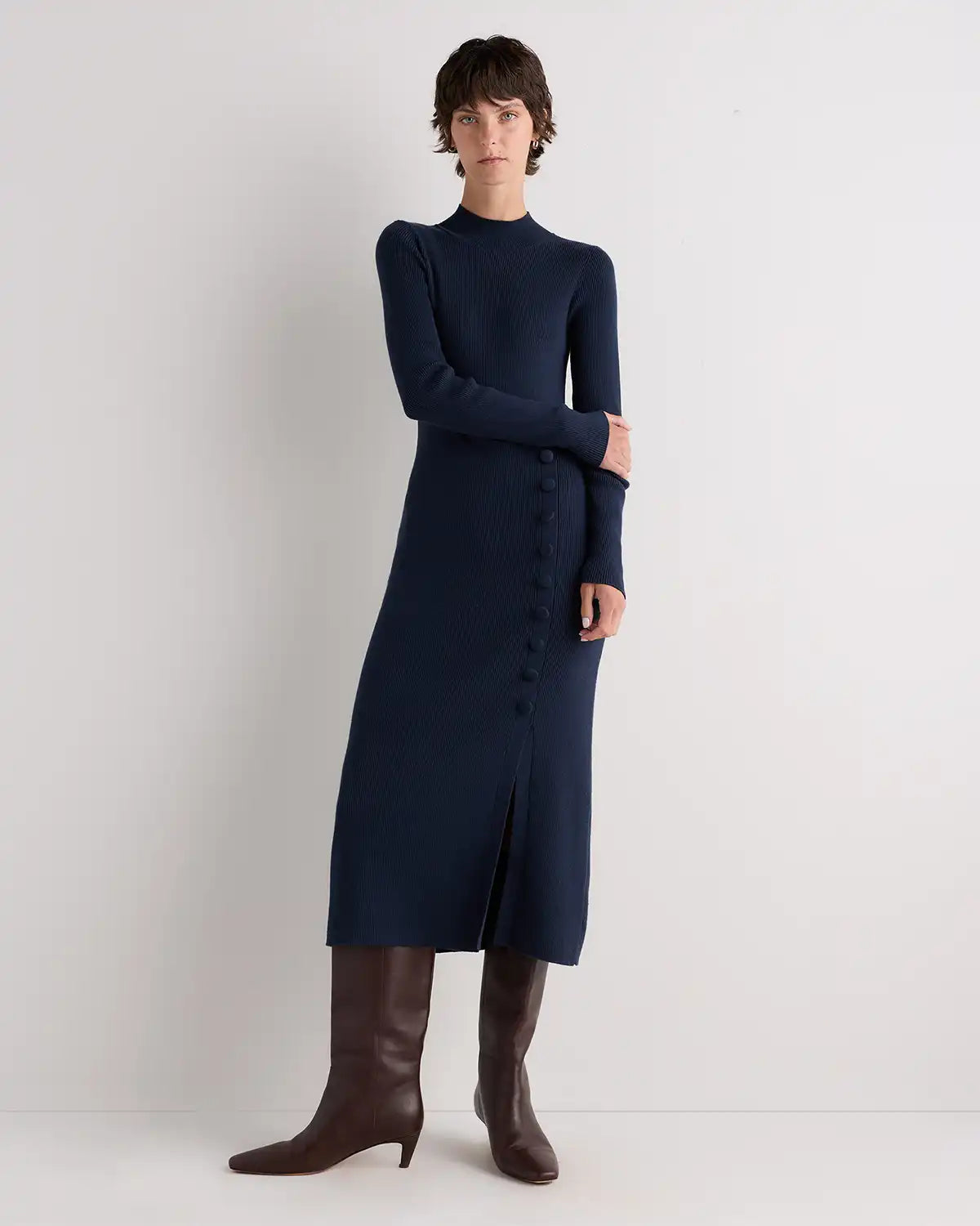 Cotton Cashmere Side Slit Midi Dress