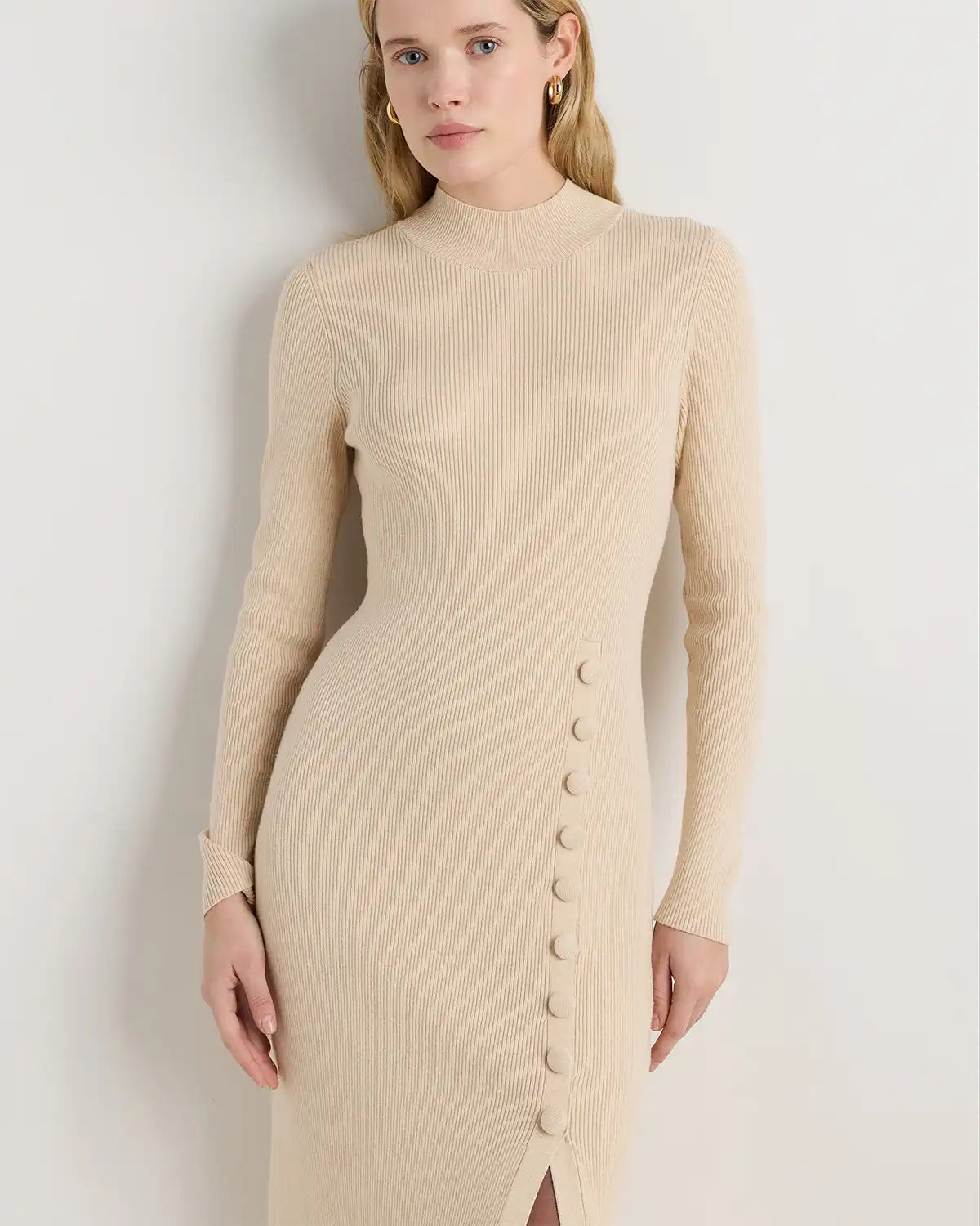 Cotton Cashmere Side Slit Midi Dress