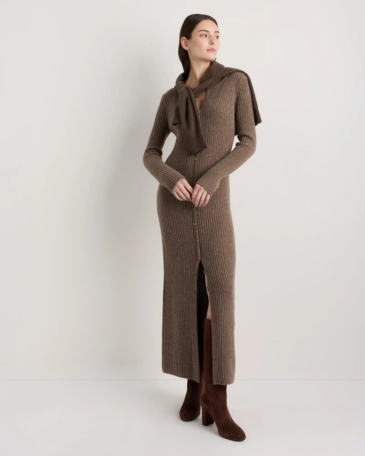 100% Yak Wool Ribbed Cardigan Sweater Dress