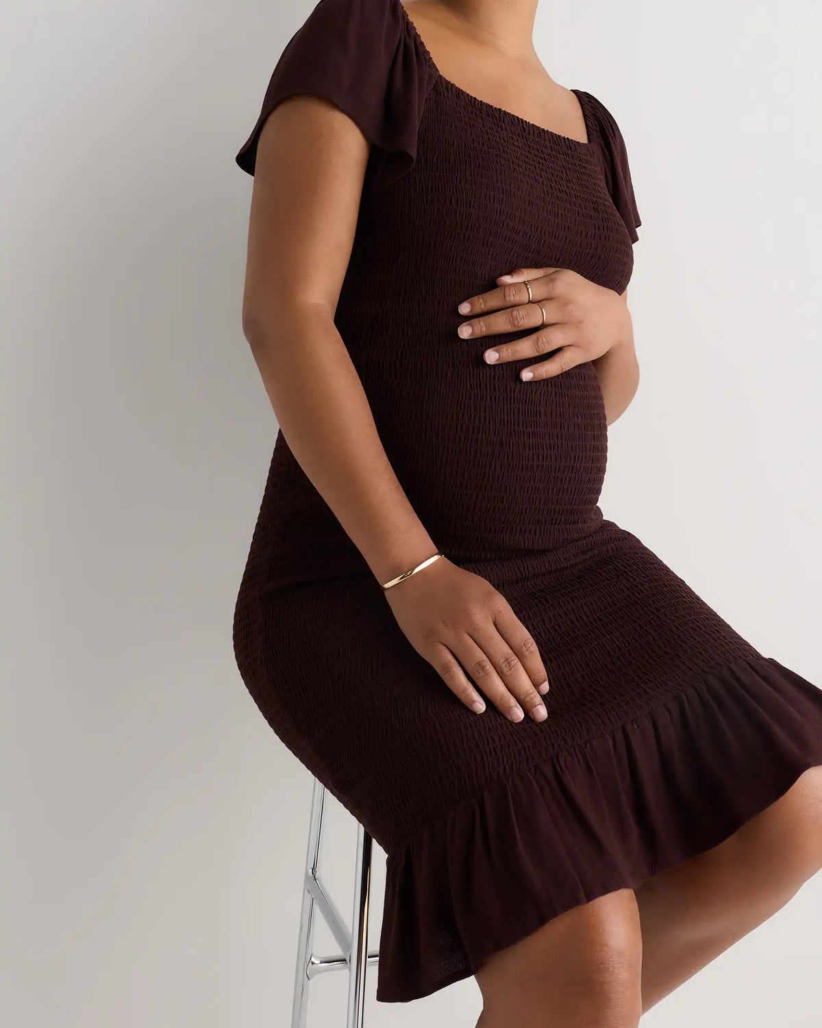 Lightweight Crepe Smocked Flutter Sleeve Maternity Dress