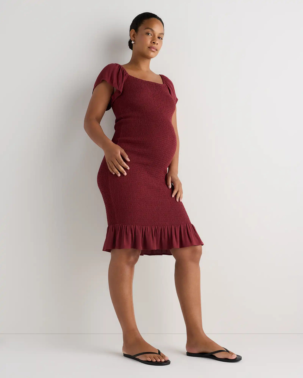 Lightweight Crepe Smocked Flutter Sleeve Maternity Dress