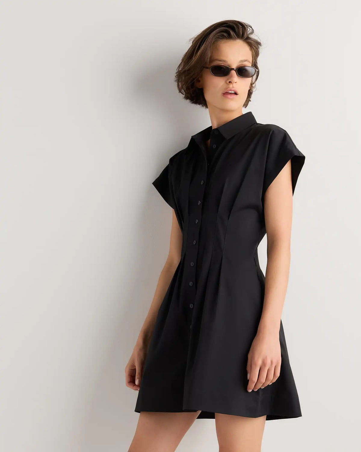 Stretch Twill Pleated Mini Shirt Dress