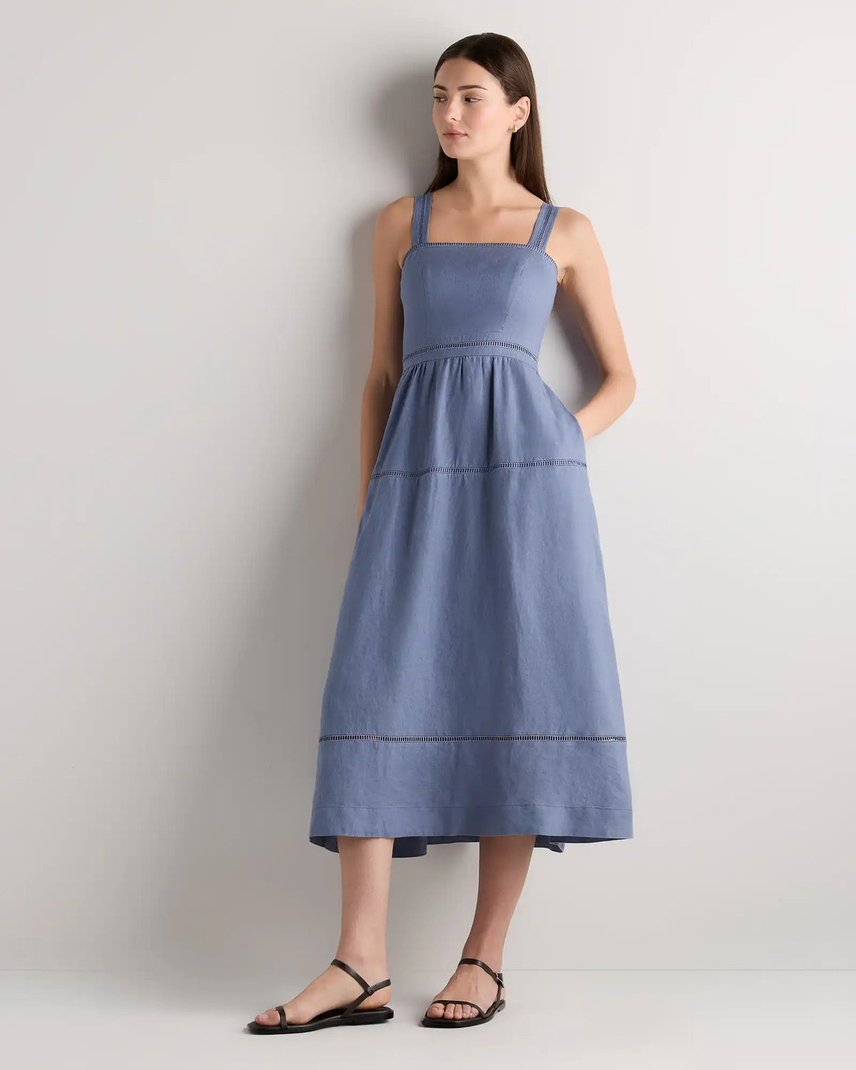 100% European Linen Ladder Stitch Midi Dress