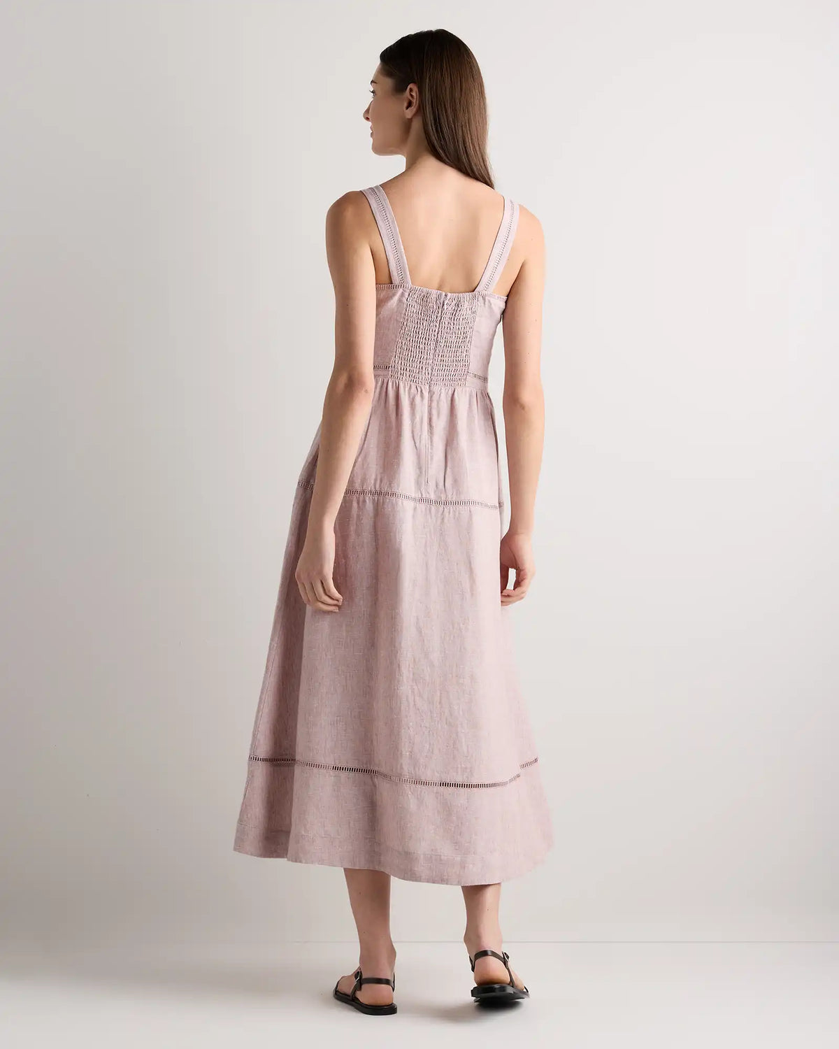 100% European Linen Ladder Stitch Midi Dress