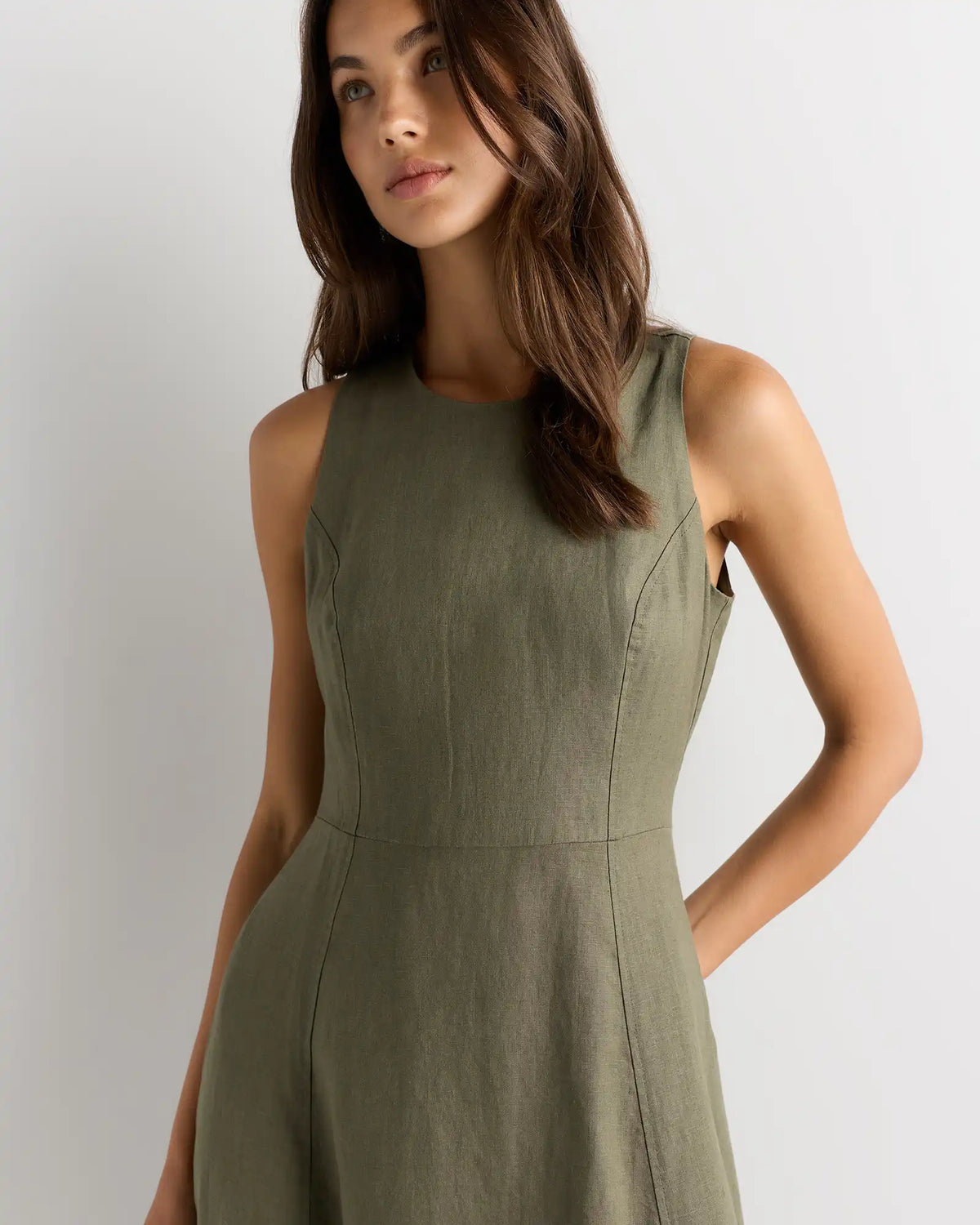 100% European Linen High Neck Midi Dress