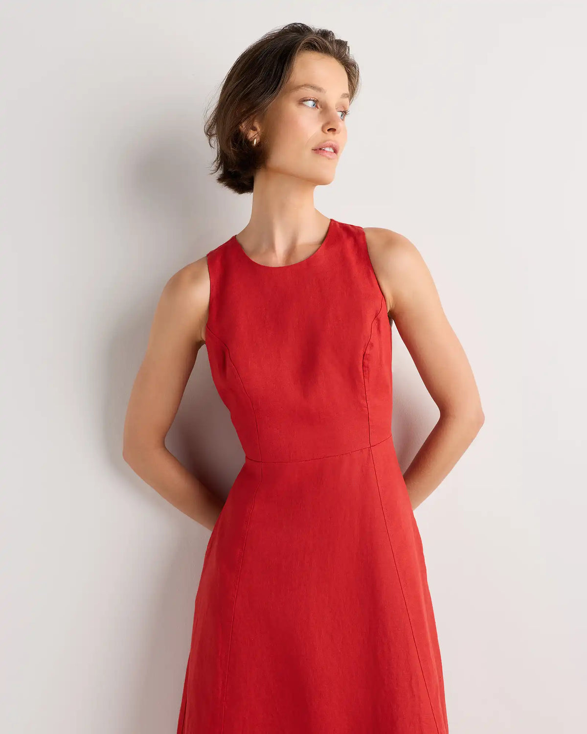 100% European Linen High Neck Midi Dress