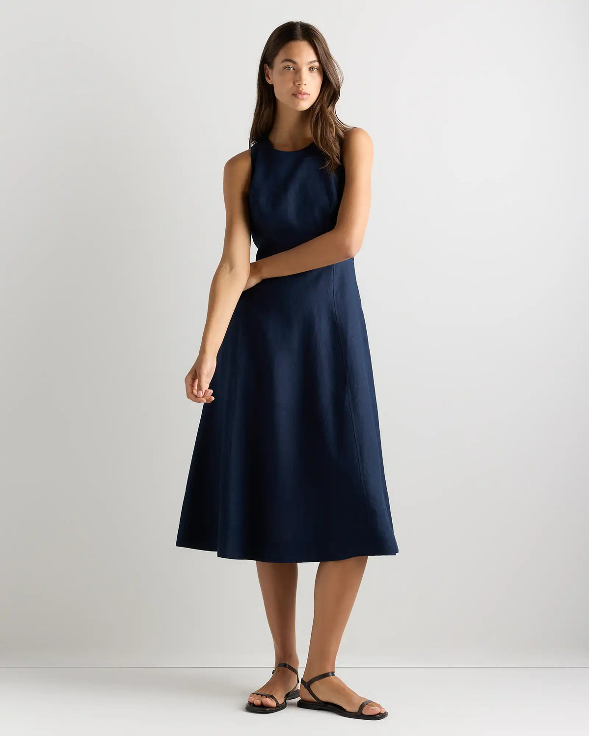 100% European Linen High Neck Midi Dress