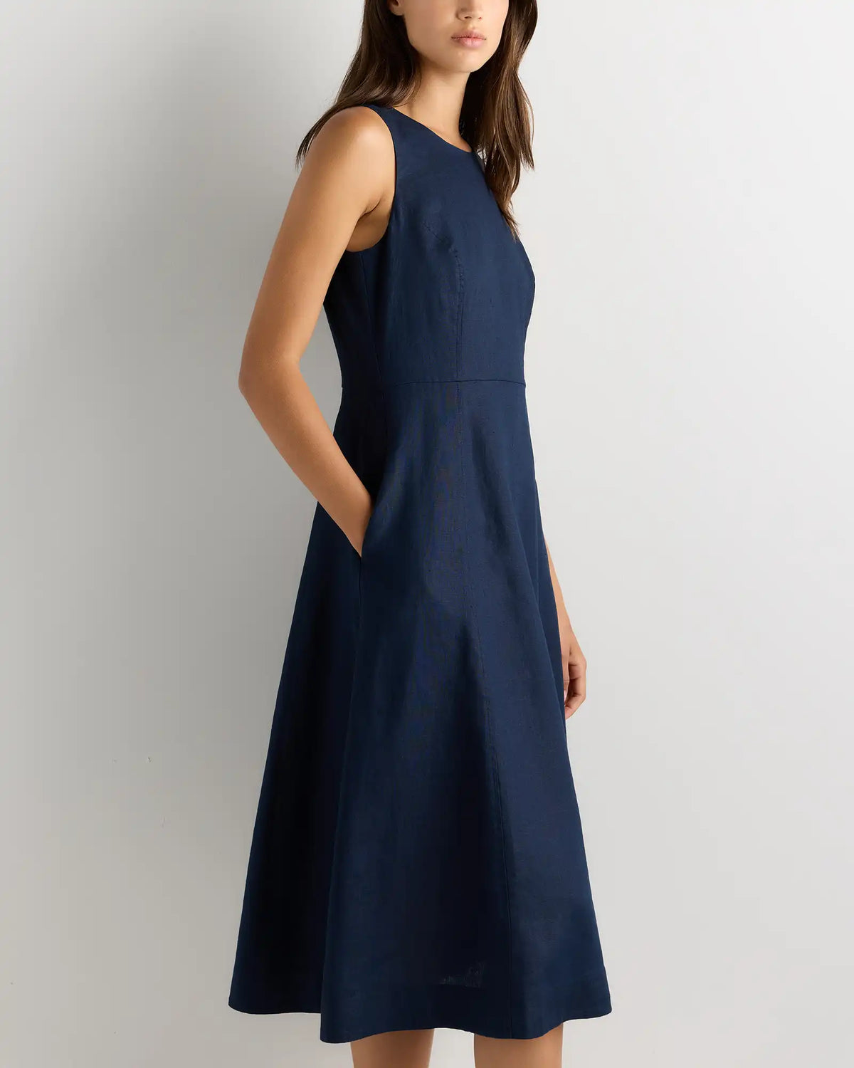 100% European Linen High Neck Midi Dress