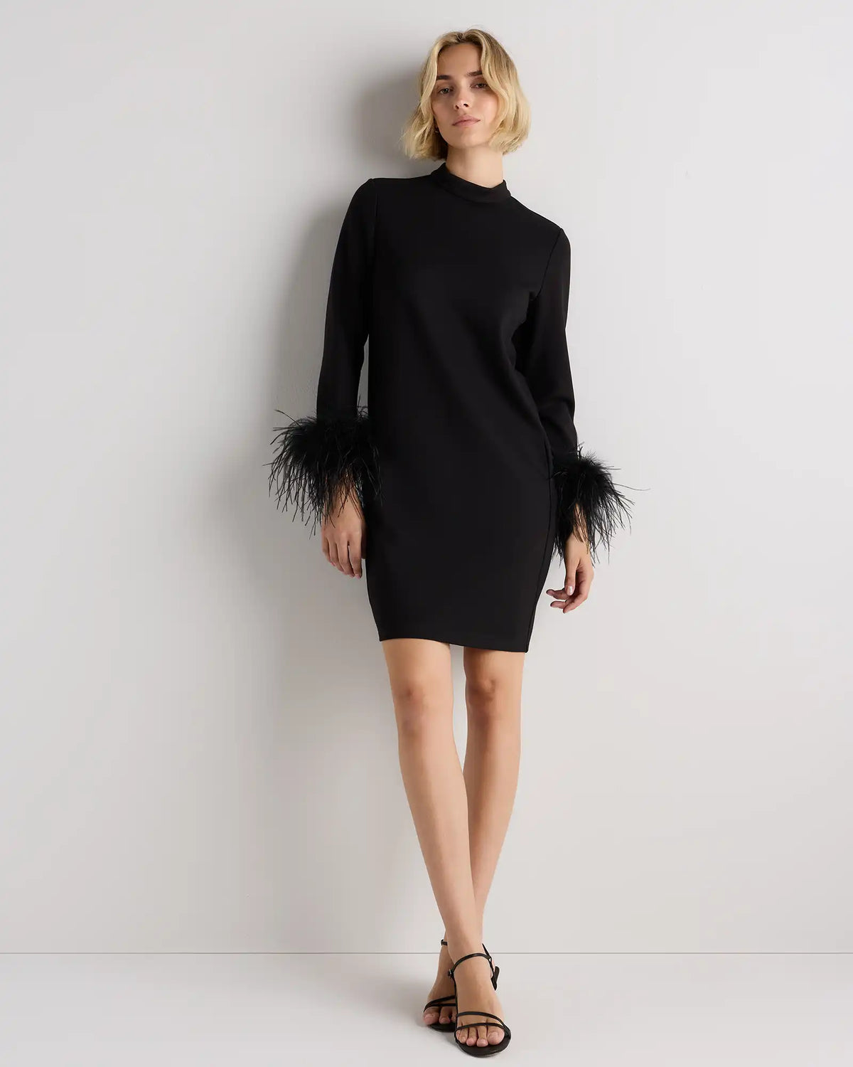 Ultra-Stretch Ponte Feather Trim Mini Dress