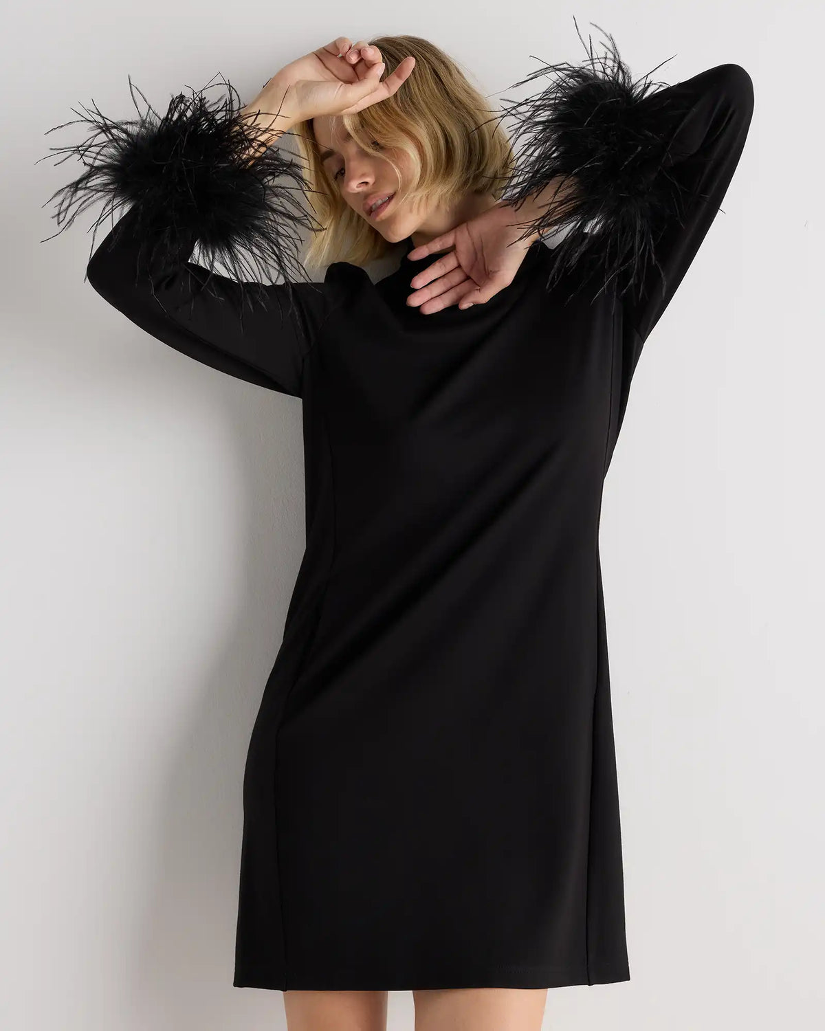 Ultra-Stretch Ponte Feather Trim Mini Dress