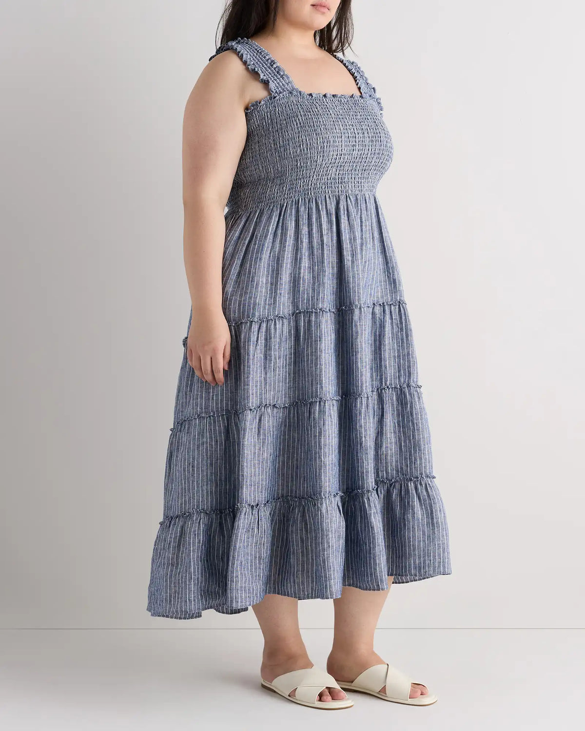 100% European Linen Smocked Midi Dress
