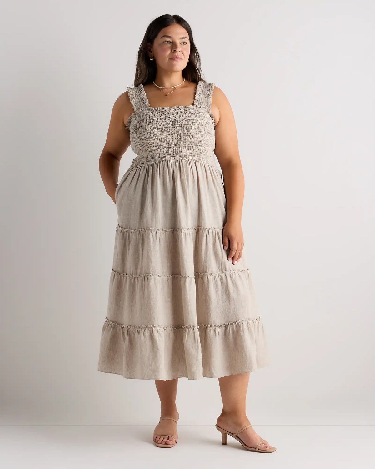 100% European Linen Smocked Midi Dress