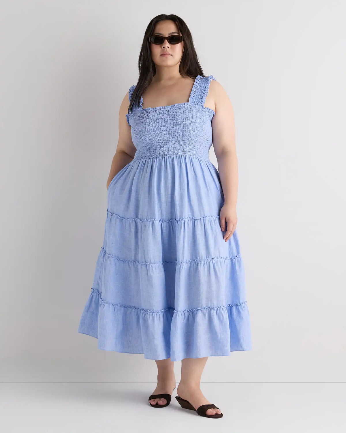 100% European Linen Smocked Midi Dress