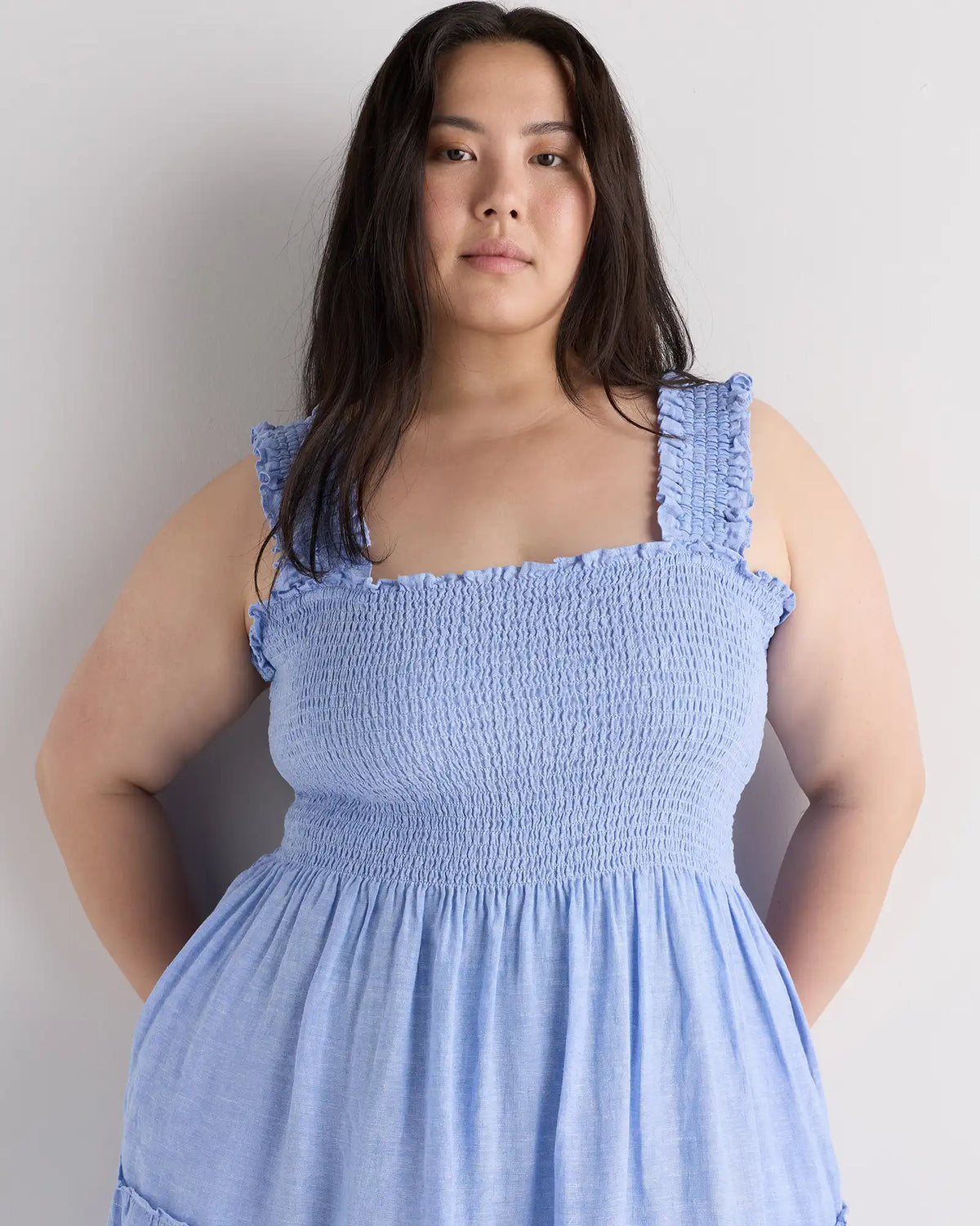 100% European Linen Smocked Midi Dress