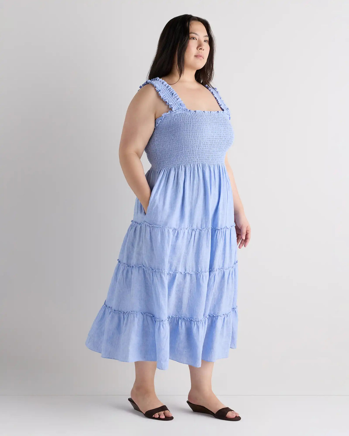 100% European Linen Smocked Midi Dress