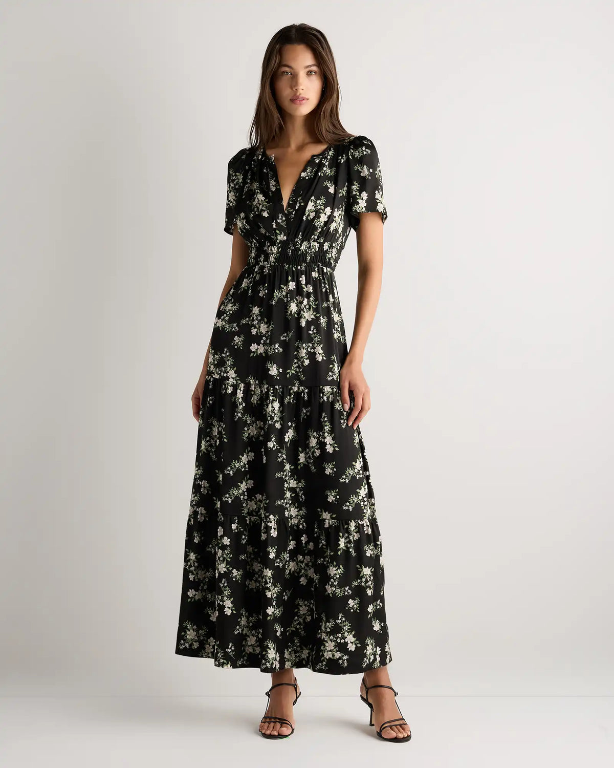 Washable Stretch Silk Tiered Maxi Dress