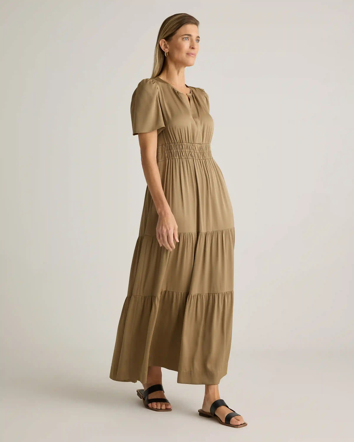 Washable Stretch Silk Tiered Maxi Dress