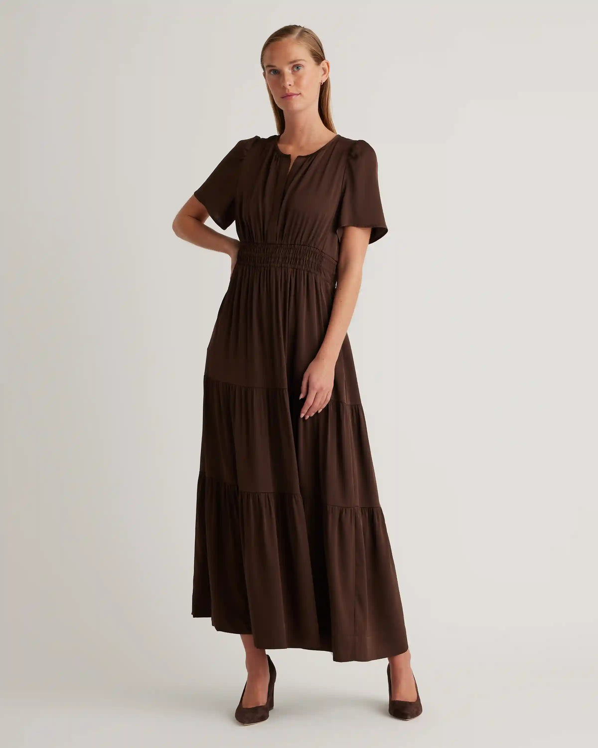 Washable Stretch Silk Tiered Maxi Dress
