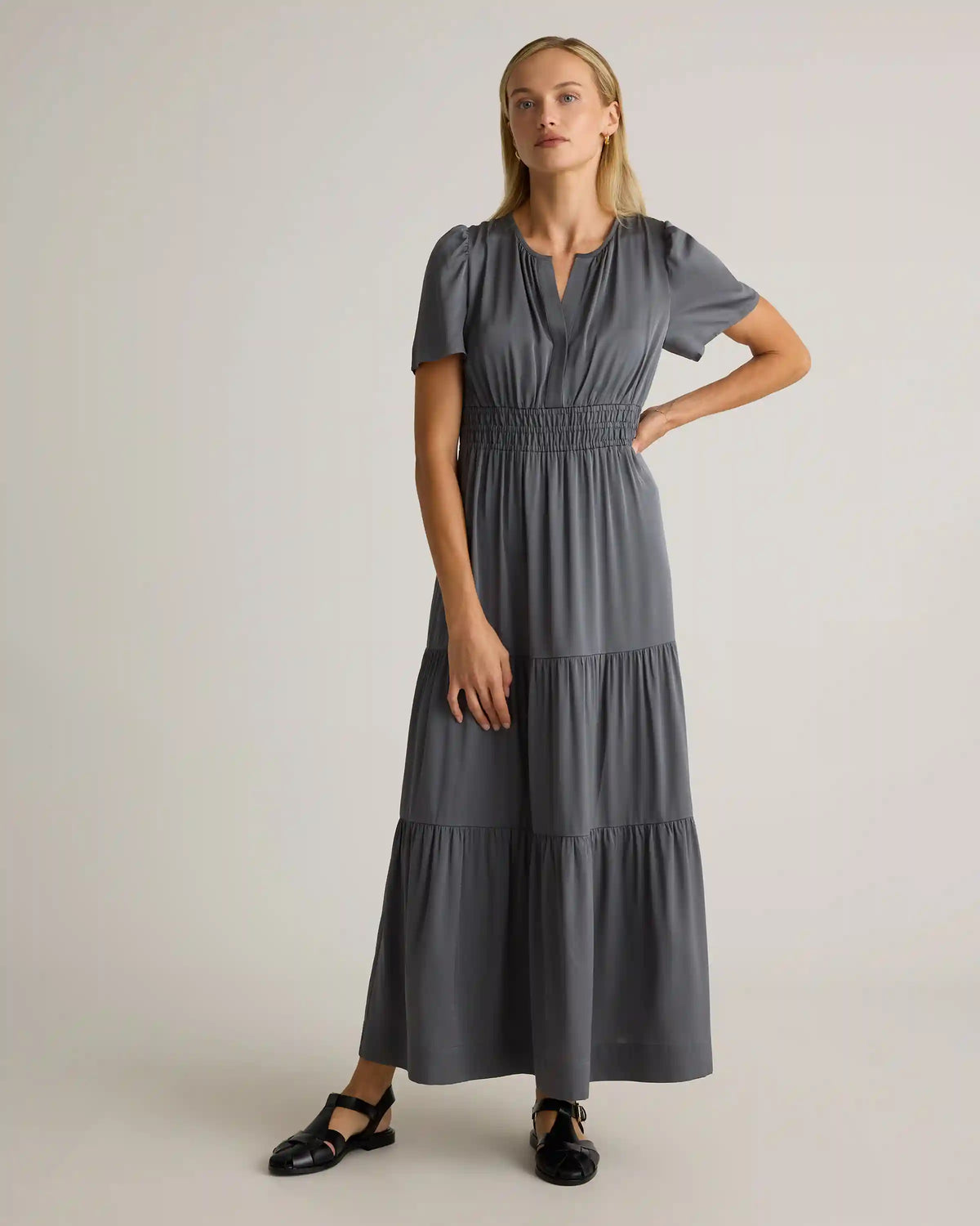 Washable Stretch Silk Tiered Maxi Dress