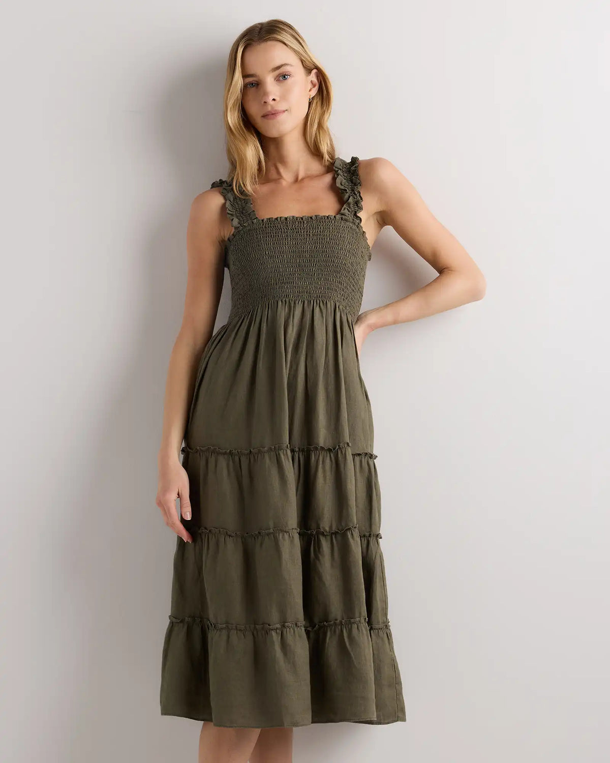 100% European Linen Smocked Midi Dress