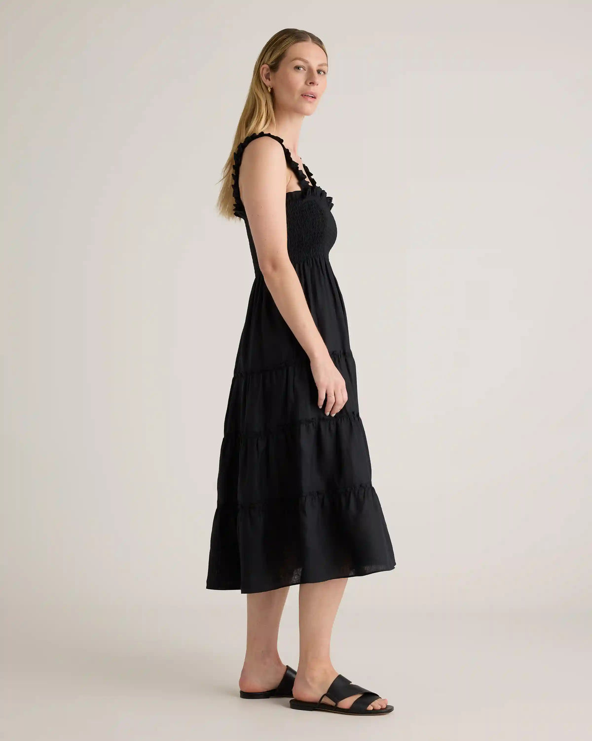 100% European Linen Smocked Midi Dress