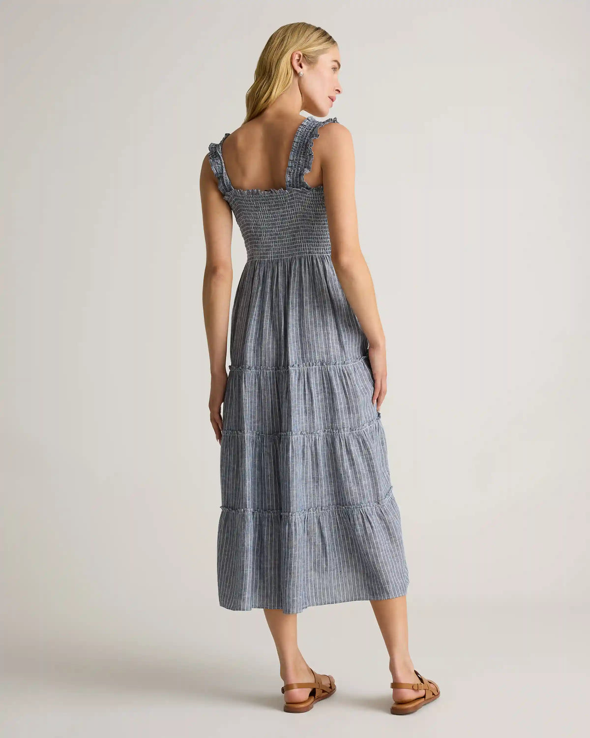 100% European Linen Smocked Midi Dress