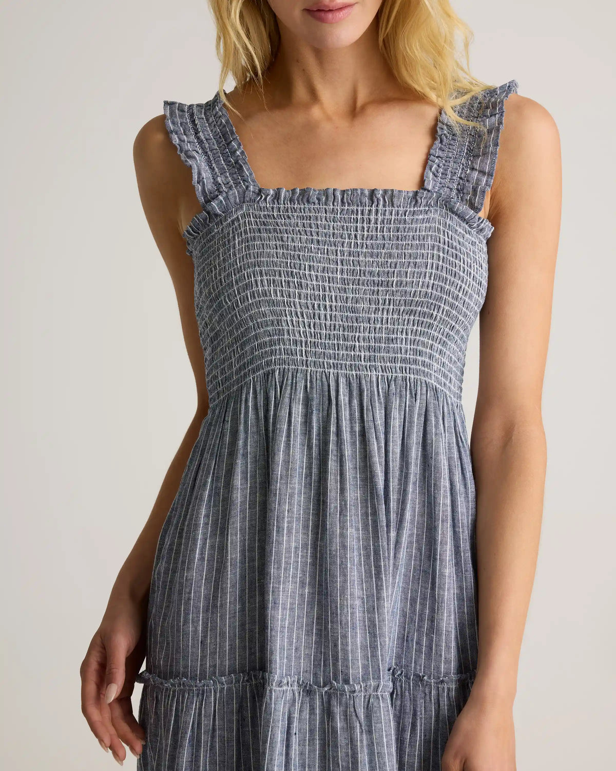 100% European Linen Smocked Midi Dress