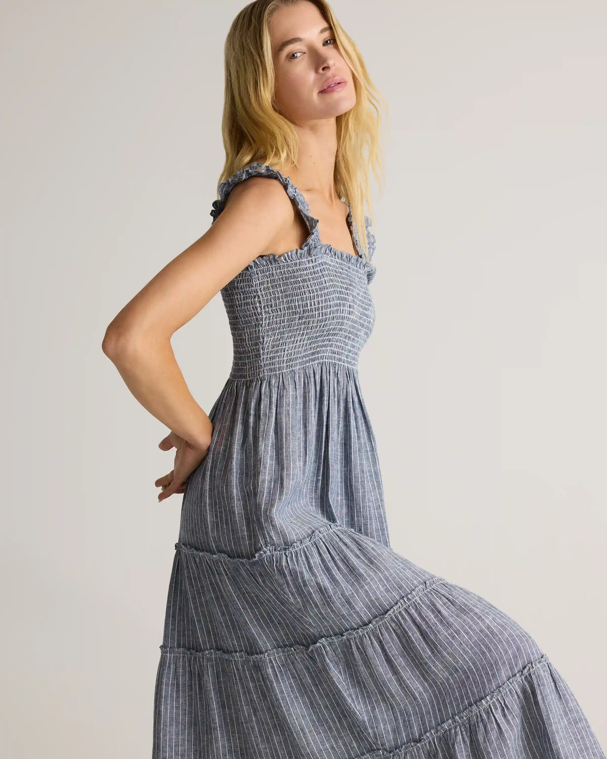 100% European Linen Smocked Midi Dress
