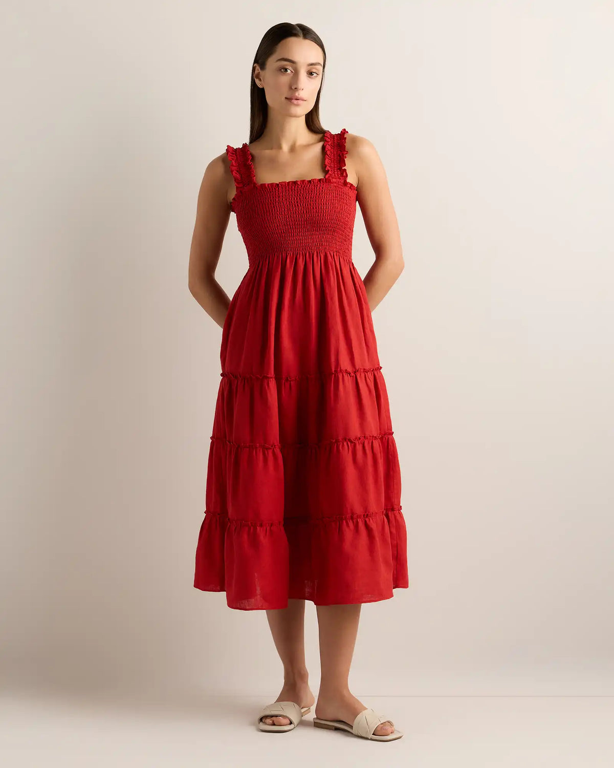100% European Linen Smocked Midi Dress
