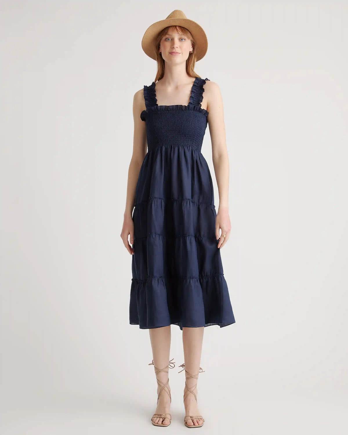 100% European Linen Smocked Midi Dress