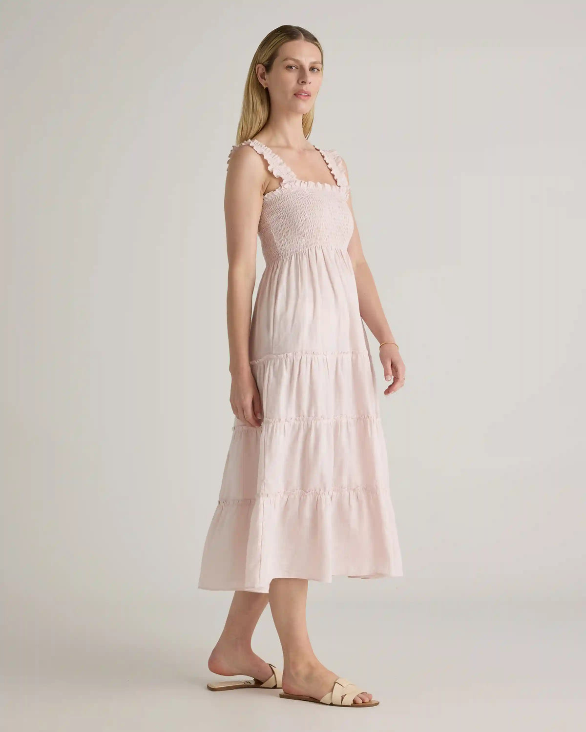 100% European Linen Smocked Midi Dress