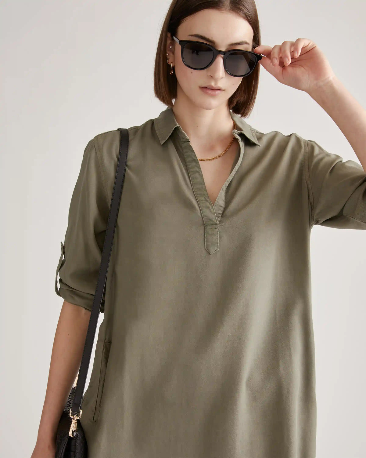 Vintage Wash Tencel Roll Sleeve Tunic Dress