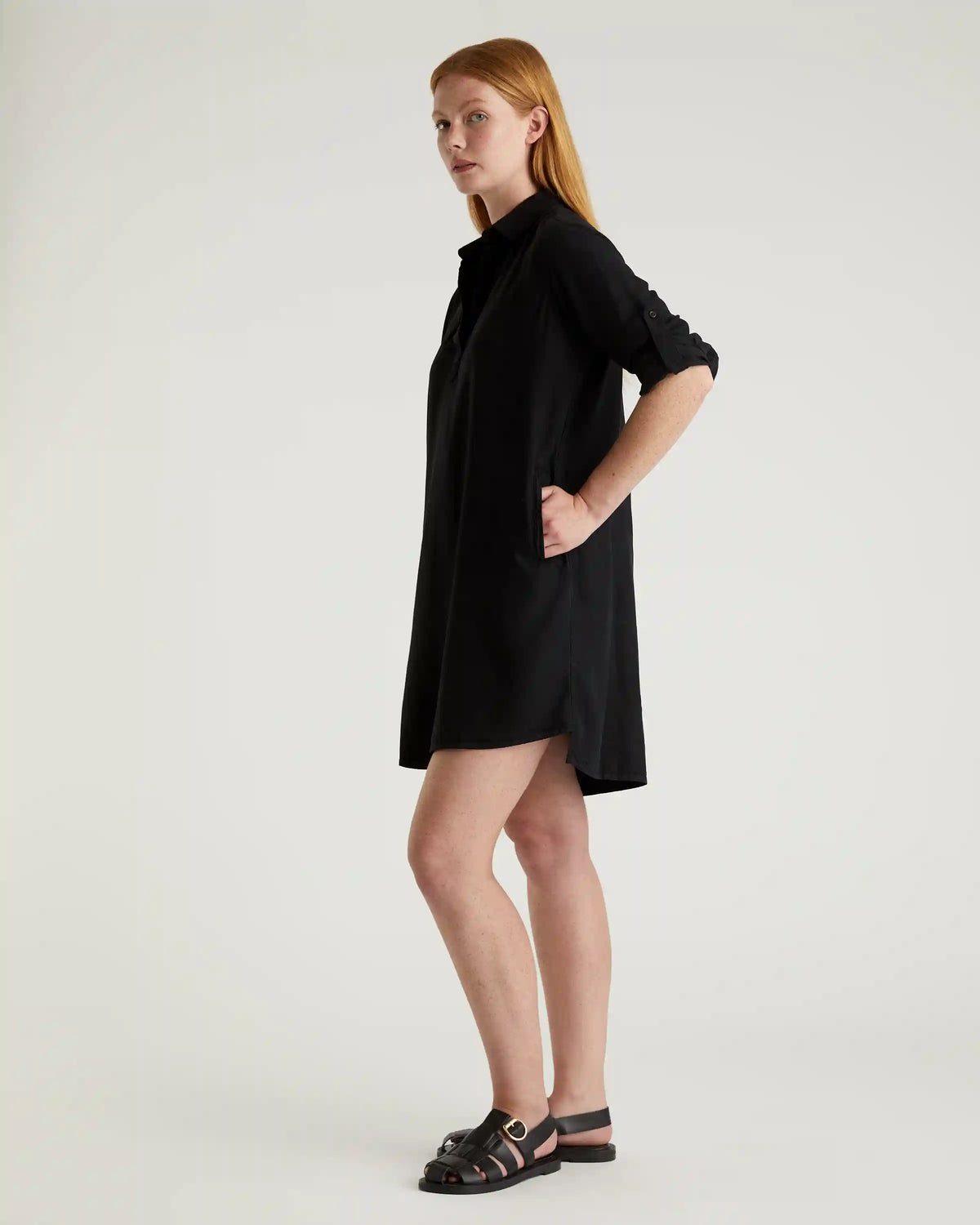 Vintage Wash Tencel Roll Sleeve Tunic Dress