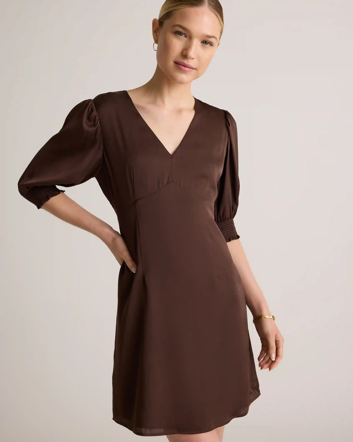 Washable Stretch Silk Puff Sleeve Mini Dress