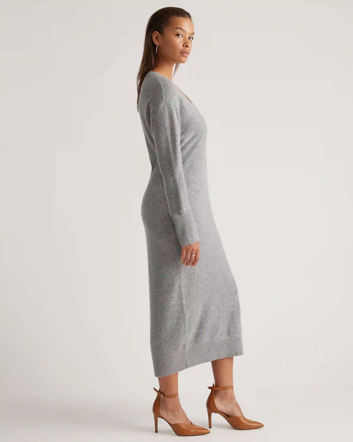 Mongolian Cashmere V-Neck Midi Sweater Dress