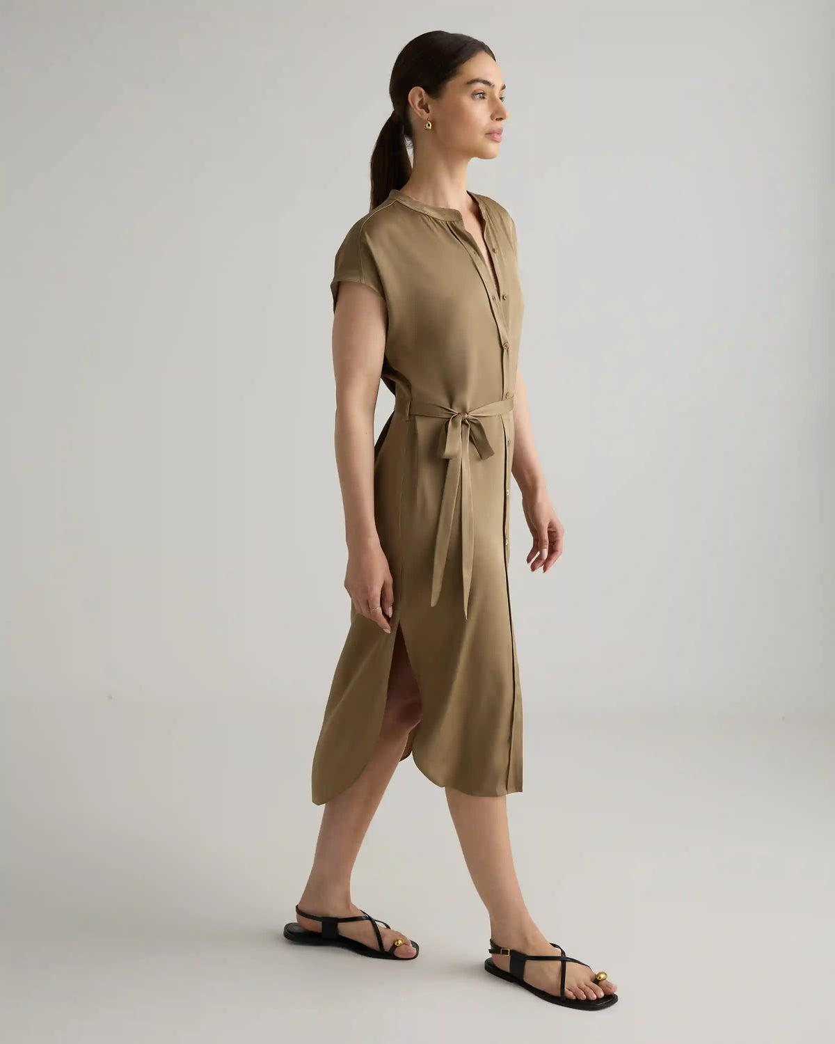 Washable Stretch Silk Midi Shirt Dress