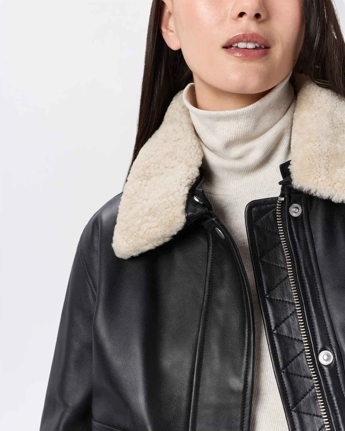 100% Leather Shearling Trim Aviator Jacket