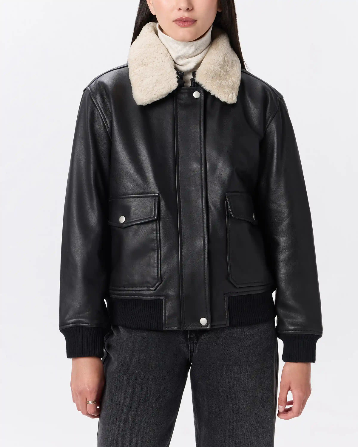 100% Leather Shearling Trim Aviator Jacket