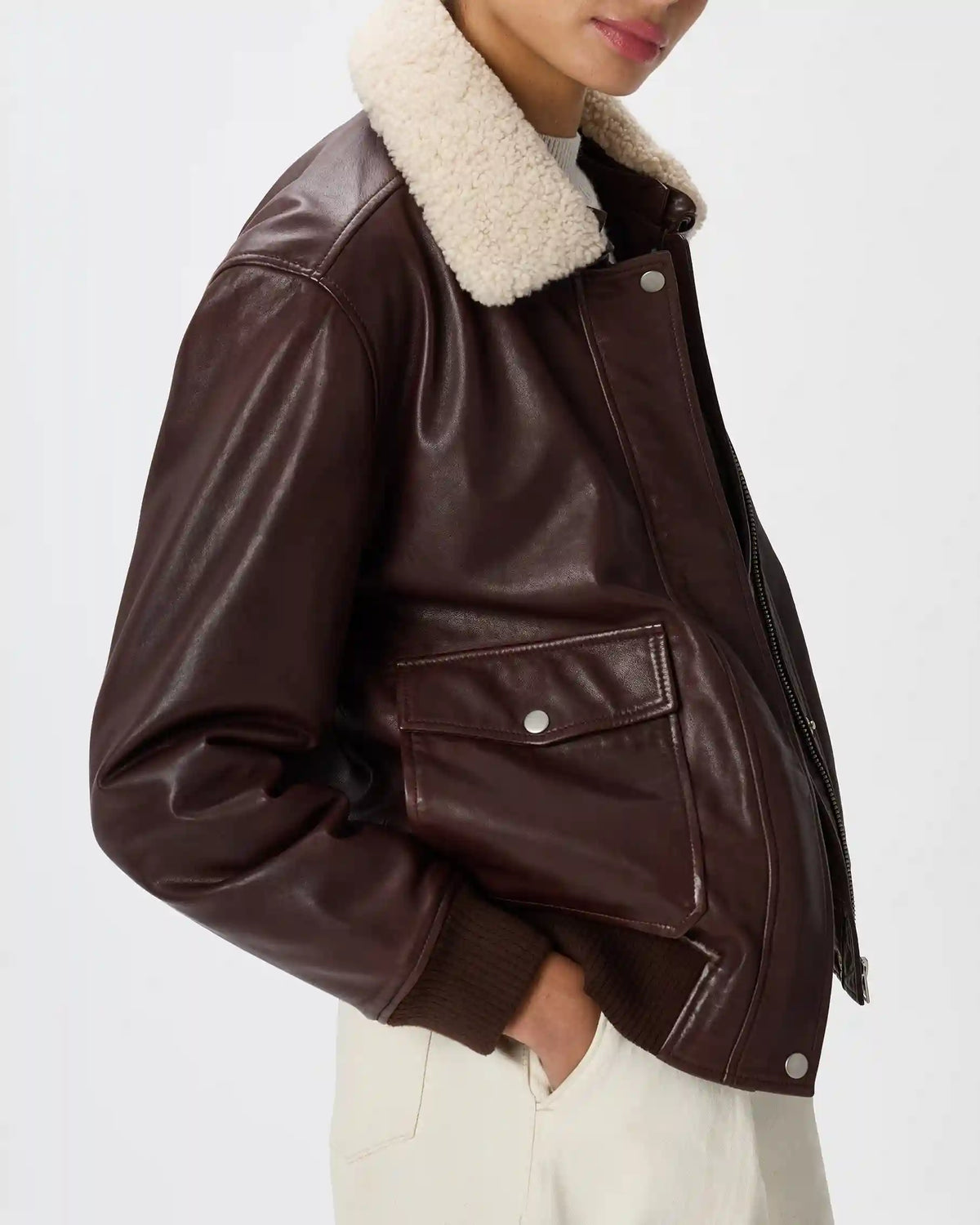 100% Leather Shearling Trim Aviator Jacket