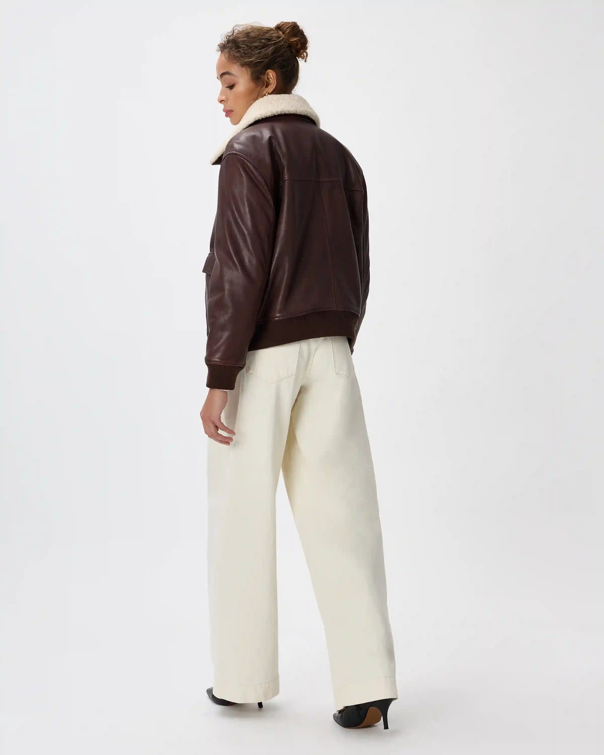 100% Leather Shearling Trim Aviator Jacket