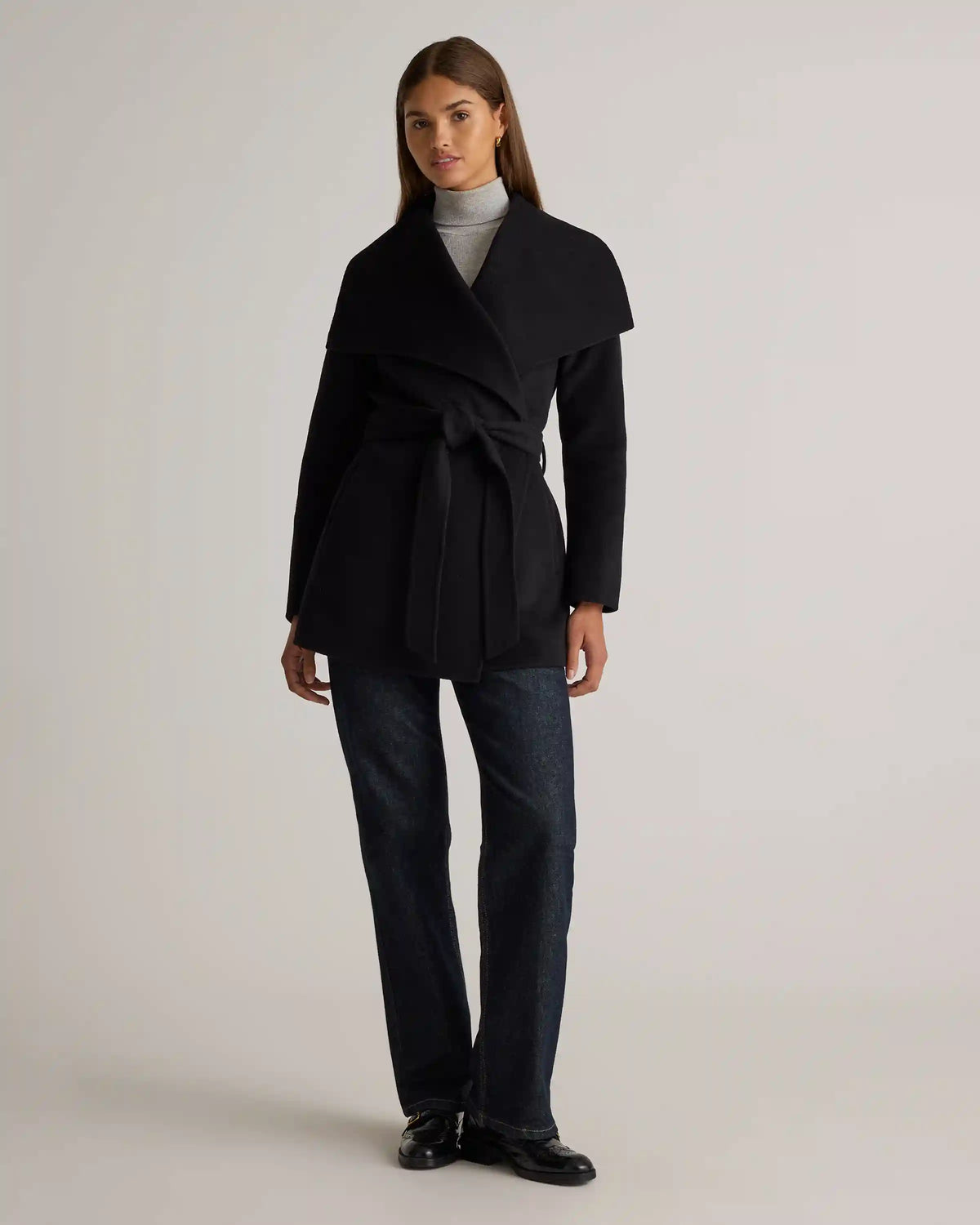 Double-Faced Merino Wool Draped Collar Short Wrap Coat