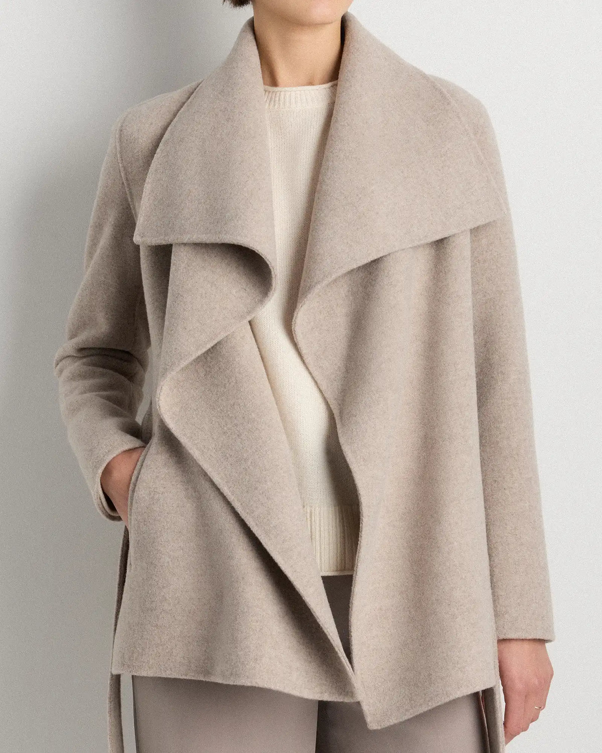 Double-Faced Merino Wool Draped Collar Short Wrap Coat