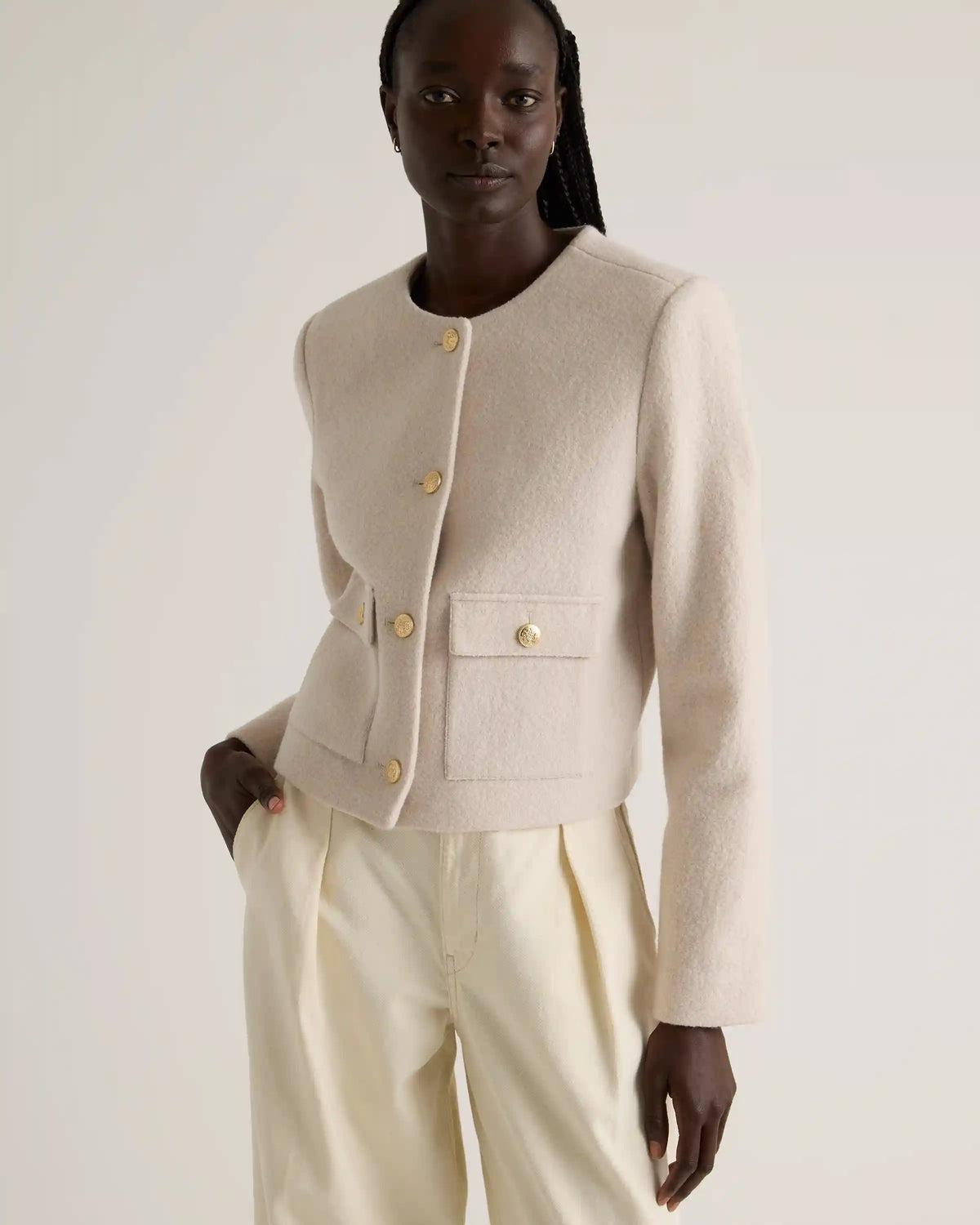 100% Merino Wool Collarless Cropped Jacket