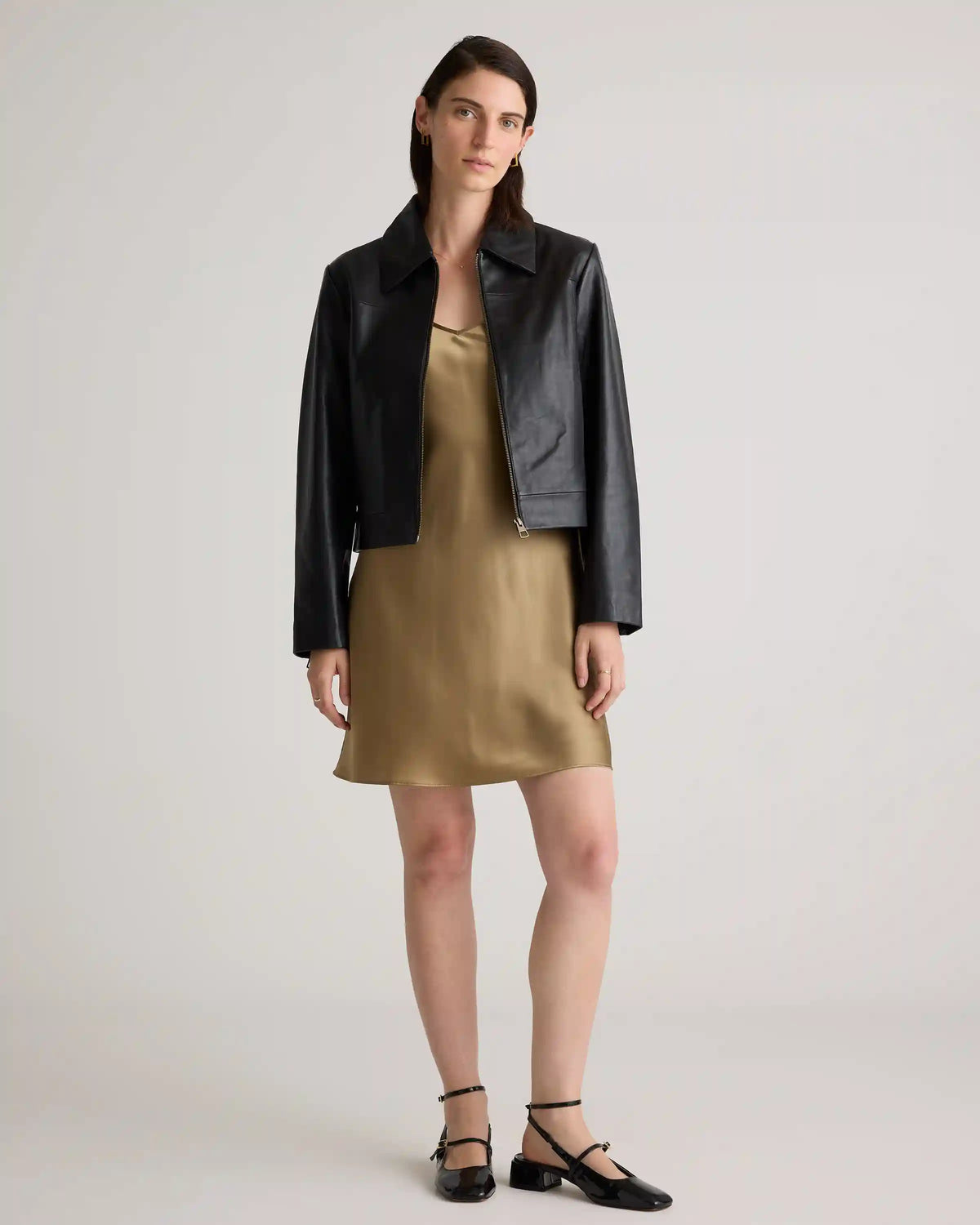 100% Leather Cropped Zip-Front Jacket
